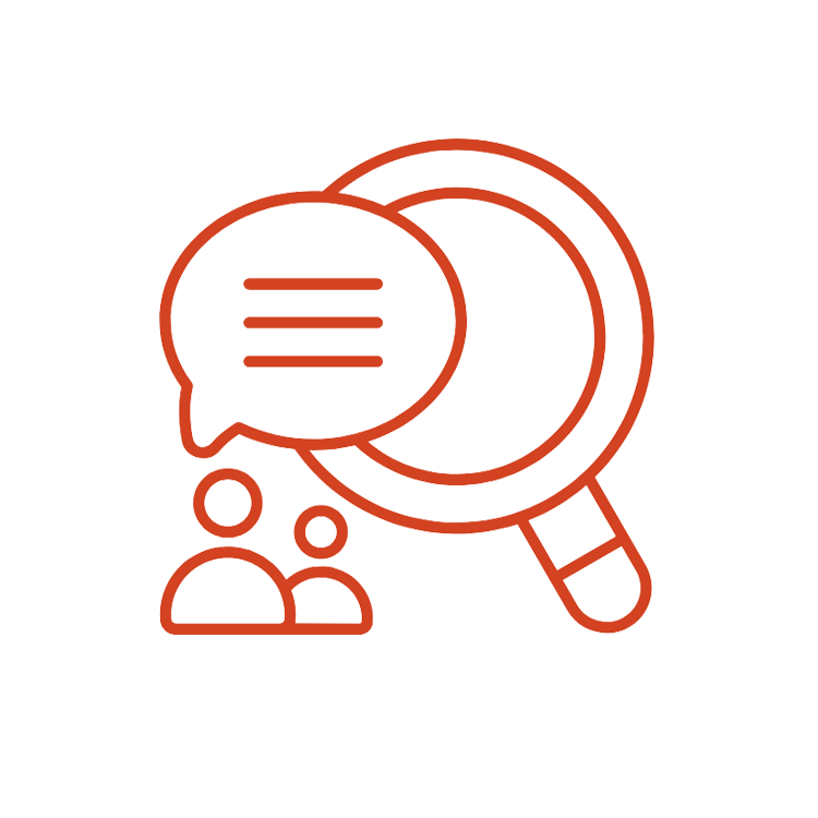 Icon of people talking with a magnifying glass in the background