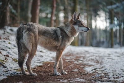 A wolf standing on a snowy forest path with trees in the background.